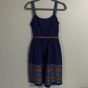 Anthropologie Anna Sui Dress Fit Flare Embroidered Chevron Sleeveless Blue 4 - Picture 1 of 12
