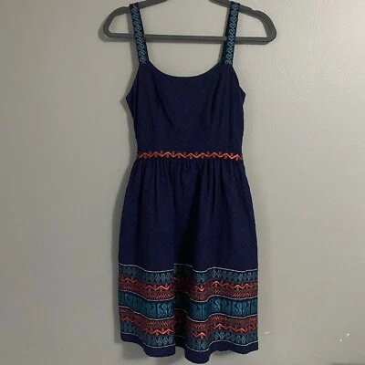Vestido Anthropologie Anna Sui Ajuste Acampanado Bordado Chevron Sin Mangas Azul 4 Foto 1 de 4