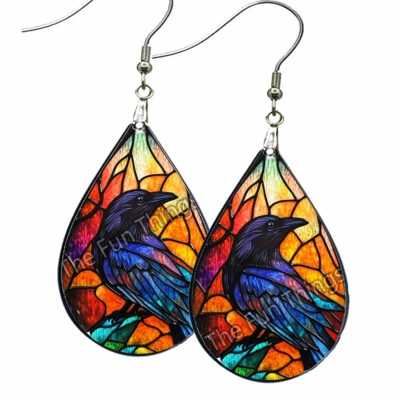 Pendientes de cuervo gótico de vitral de imitación SIN DESLUSTRE madera lágrima pagana Wicca Foto 1 de 4