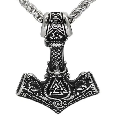 Norse Valknut Thors Hammer Necklace Silver Stainless Steel Viking Pendant Chain - Image 1 of 4