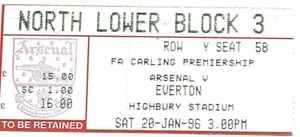 ARSENAL GEGEN EVERTON ~ 20. JANUAR 1996 ~ MATCH TICKET STUB - Bild 1 von 1