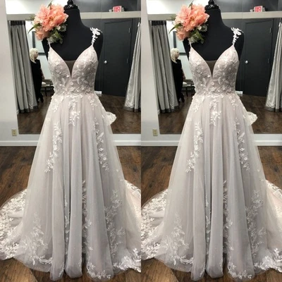 Boho Wedding Dresses Flower Applique V Neck Beach Sweep Train Bridal Gown - Image 1 of 4