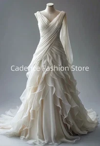Elegant White Chiffon Wedding Dress Lace-up Bridal Gowns Layered Wedding Dresses - Picture 1 of 4
