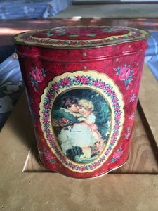 Vintage Floral Tin Button Box Metal Collector Container Made in England 7" x 6" - Bild 1 von 12