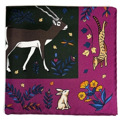 Green & Purple Animal Motif Ancient Madder Silk Pocket Square (Hand-Rolled) - Image 1 of 4