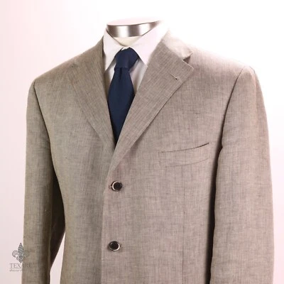 CORNELIANI EU 54 / US 44 Linen/Wool Beige Tan Herringbone ½ Lined Sport Coat - Image 1 of 4
