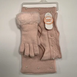 Wonder Nation Girls 3-Piece Pink Faux Pearls Winter Set Headwrap Gloves Scarf - Picture 1 of 7