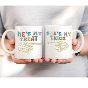 Spooky Novelty Mug Set Couples Shes my trick Hes My Treat Cups Halloween Mugs - Picture 1 of 6