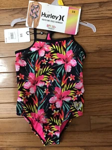 New HURLEY YOUTH ONE-PIECE SWIMSUIT BLACK/HYPER PINK FLORAL SZ 5/6  $42 (T8-9) - Picture 1 of 11