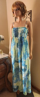 A Pea in a Pod Blue White Multi Floral Maxi Dress Sz M Chiffon Overlay SunDress - Image 1 of 4