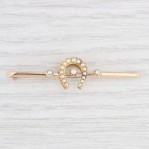 Vintage Pearl Horseshoe Bar Brooch 14k Yellow Gold Western Pin - Picture 1 of 6