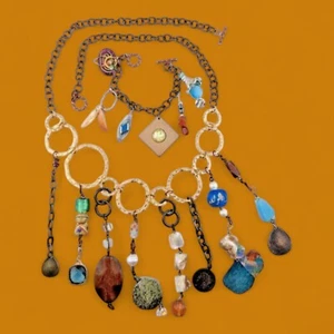 MIXED MEDIA STATEMENT NECKLACE BRACELET SET crazy eclectic upcycled charms B2 - Picture 1 of 6