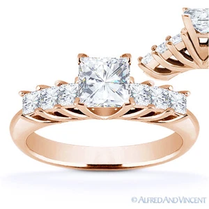 Anillo de compromiso de 7 piedras moissanita brillante de corte cuadrado para siempre en oro rosa de 14 K - Imagen 1 de 5