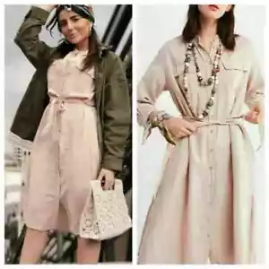 Zara Linen Midi Shirt Dress XL Blush Beige Long Sleeve Safari Utility NO BELT - Picture 1 of 16