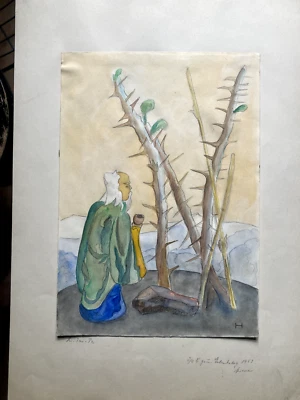 Акварельная монограмма H. Li-Tai-Pe антикварный экспрессионистский рисунок пейзажный этюд - Изображение 1 из 3