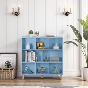 Wooden 8 Cube Bookshelf 3 Tier Blue Modern Bookcase Open Storage Cabinet w/Legs - Picture 1 of 20