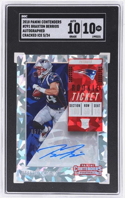 2018 Contenders Braxton Berrios Rookie Ticket Auto Cracked Ice /24 SGC 10/10 RC - Image 1 of 2