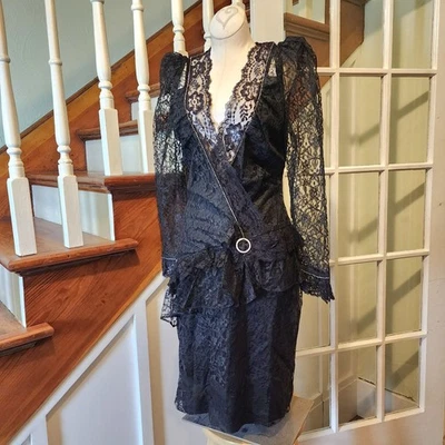 Vintage 70s 80s Black Lace Party Dress - Madonna COSTUME - Small - Image 1 of 4