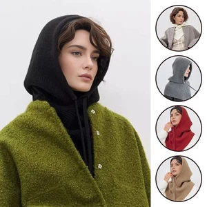 Knitted Hooded Caps Knitted Scarf Balaclava Hat Neck Collar Beanies Hats Winter- - Picture 1 of 20