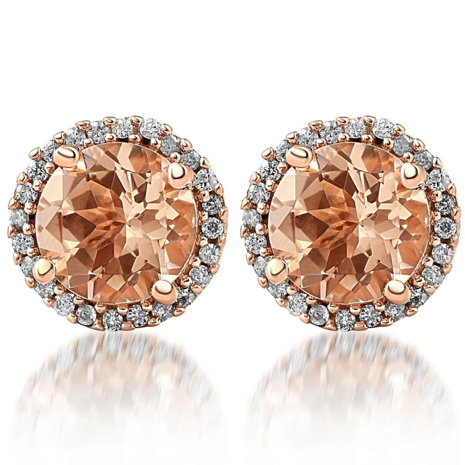 1 1/2 Ct Diamond & Morganite Rose Gold Halo Studs Screw Back Earrings Rose Gold - Image 1 of 4
