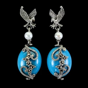 925 Sterling Silver Earrings Oval Turquoise Stabilized 20x16mm Pearl Gemstone - Picture 1 of 13