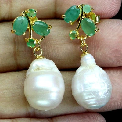 925 Sterling Silver Earrings Oval Emerald 6x4mm Pearl No USA Import Fees - Image 1 of 4