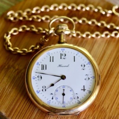RELOJ BOLSILLO E.HOWARD SERIE ORO 14k RELOJ BOLSILLO CARA ABIERTA CON CADENA Foto 1 de 4