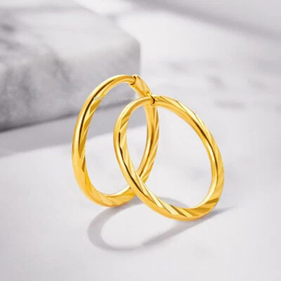 999 Pure 24K Yellow Gold Earrings Hoop For Women Solid Carve Line Circle 14mmDia - Image 1 of 4