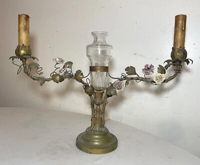 antique ornate French gilt bronze porcelain floral crystal vase table lamp light - Image 1 of 4