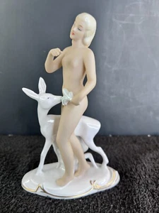 Schaubach Kunst Germany Porcelain Statue "Nude Lady With Fawn" - Picture 1 of 6