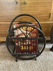 Vintage Boho Bent Rattan Bamboo Natural Wood Magazine Rack Holder Round - Picture 1 of 13