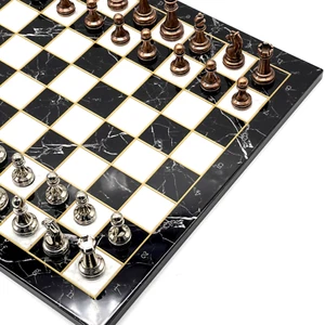 Black White Marble Pattern Wooden Chess Set and Metal Chess Pieces with Board - Picture 1 of 11