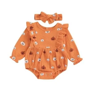 Fall Baby Girl Clothes Pumpkin Long Sleeve Bubble Romper 6-12 Months Orange - Picture 1 of 8