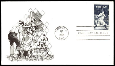 1983 Babe Ruth FDC First Day of Issue B&W Rick Chase DRC Cachets - Image 1 of 2
