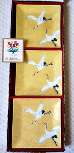 Set of 3 Vintage Shippo Yaki Japanese Cloisonne Crane Art Glass Small Plate Dish - Picture 1 of 7