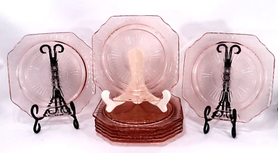 8 HOCKING MAYFAIR Open Rose Pink Depression GLASS 8 1/4’’ Luncheon Plates MINT! - Image 1 of 4
