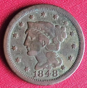 1848 Braided Hair U.S. Large Cent Penny Nice Green Patina & Pristine Reverse! - Picture 1 of 5