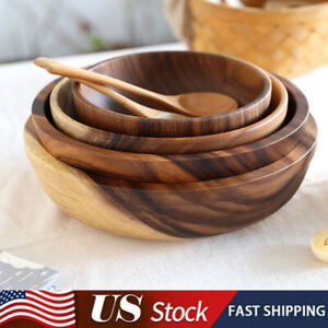 Round Wooden Fruit Salad Bowl Dinnerware Basin Container Kitchen Household Tool