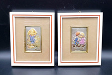 2 VTG Sarah Kay Framed Sterling Silver 925 Collectors Card Painted Signed 1980