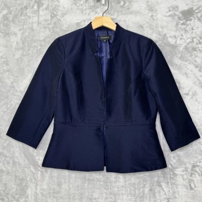 Talbots Blazer Womens 8 Navy Cotton Silk Blend Collarless Peplum 3/4 Sleeve - Image 1 of 4