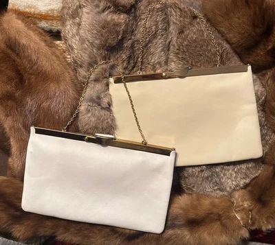 2 VINTAGE ETRA CREAM AND WHITE LEATHER CLUTCH PURSE-GOLDTONE CHAIN STRAP LEATHER - Image 1 of 4