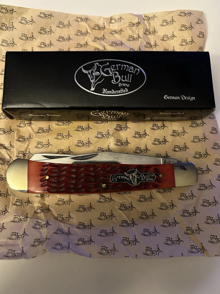 Nuevo CUCHILLO TRAMPERO ALEMÁN TORO ACERO INOXIDABLE CIERVO TAMAÑO COMPLETO ROJO 2 hojas trampa  Foto 1 de 4