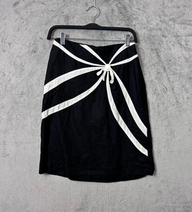 Mod Black Linen A-Line Skirt Small Minimalist Knee Length White Ribbon Detail - Picture 1 of 6