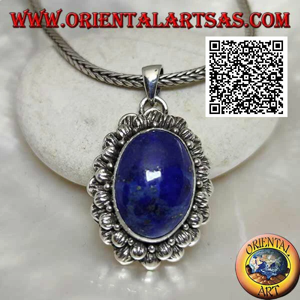 Ciondolo in argento 925‰ lapislazzulo ovale con doppio contorno di palline rigat - Immagine 1 di 1