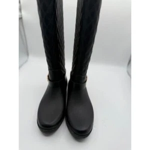 GUESS Black Quilted Rain Boots Gold Buckle Tall Waterproof Winter Boots - Picture 1 of 5