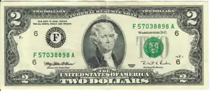 1995 2$ Federal Reserve Note - Green Seal - MEW/RER F57038898A - #13689 - Picture 1 of 2