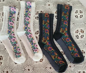 Two (2) Pair ~ Handcrafted ~ 1~ Black & 1~Ivory ~ Floral ~ Knit Ankle/Crew Socks - Picture 1 of 4