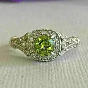 Lab Created 2Ct Round Cut Peridot Halo Fancy Wedding Ring 14K White Gold Plated - Picture 1 of 9