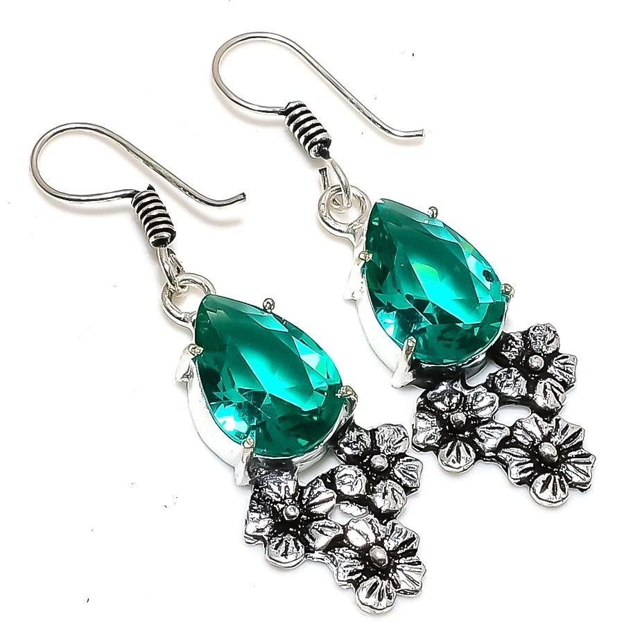 Paraiba Tourmaline Gemstone Handmade 925 Sterling Silver Jewelry Earring Sz 1.2" - Image 1 of 1