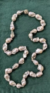 Huge Cultured Gray Baroque Fireball Pearl Necklace 34" w/diamond silver bead - Picture 1 of 6